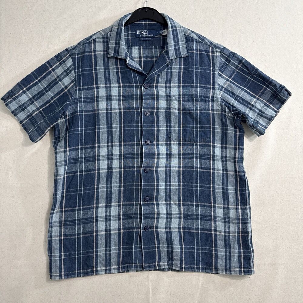 Polo Ralph Lauren Classic Fit Shirt Mens M Blue Plaid Linen Cotton Short Sleeve